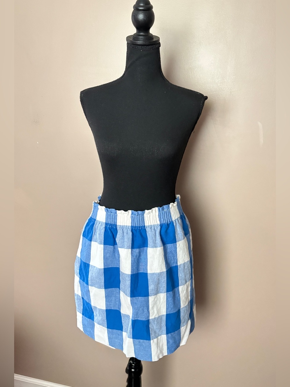 J.Crew Linen-Cotton Mini Skirt blue & white oversized gingham checkers sz S EUC - Picture 8 of 14